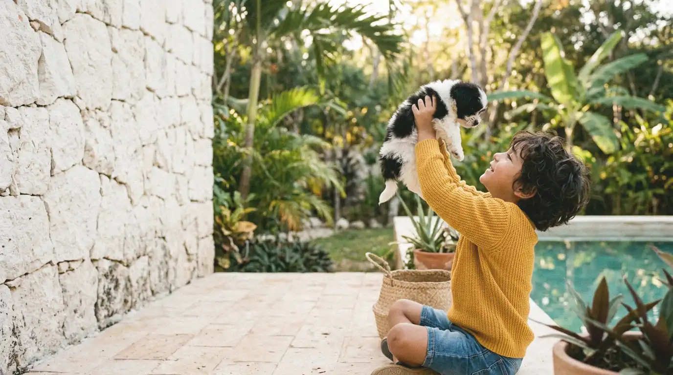 Niño y cachorro jugando seguros en jardín de casa en Riviera Maya tras fumigación