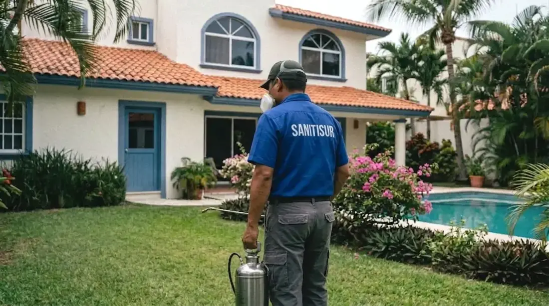Técnico de Sanitisur atendiendo casa residencial con alberca en Cancún