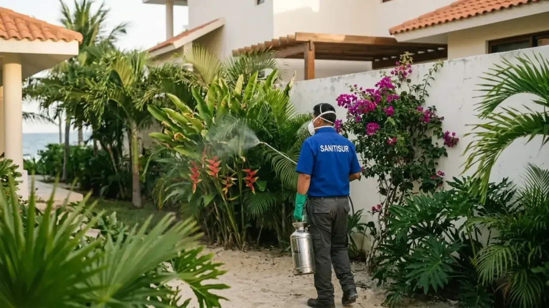 Técnico de Sanitisur fumigando jardín tropical en Playa del Carmen