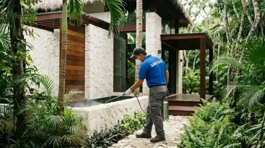 Técnico de Sanitisur fumigando el exterior de una casa tropical rodeada de selva en Tulum