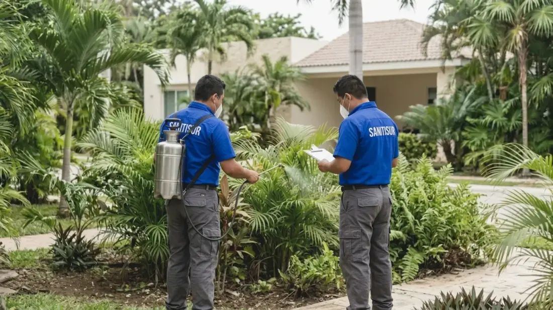 Equipo de técnicos de Sanitisur trabajando en jardín tropical en la Riviera Maya