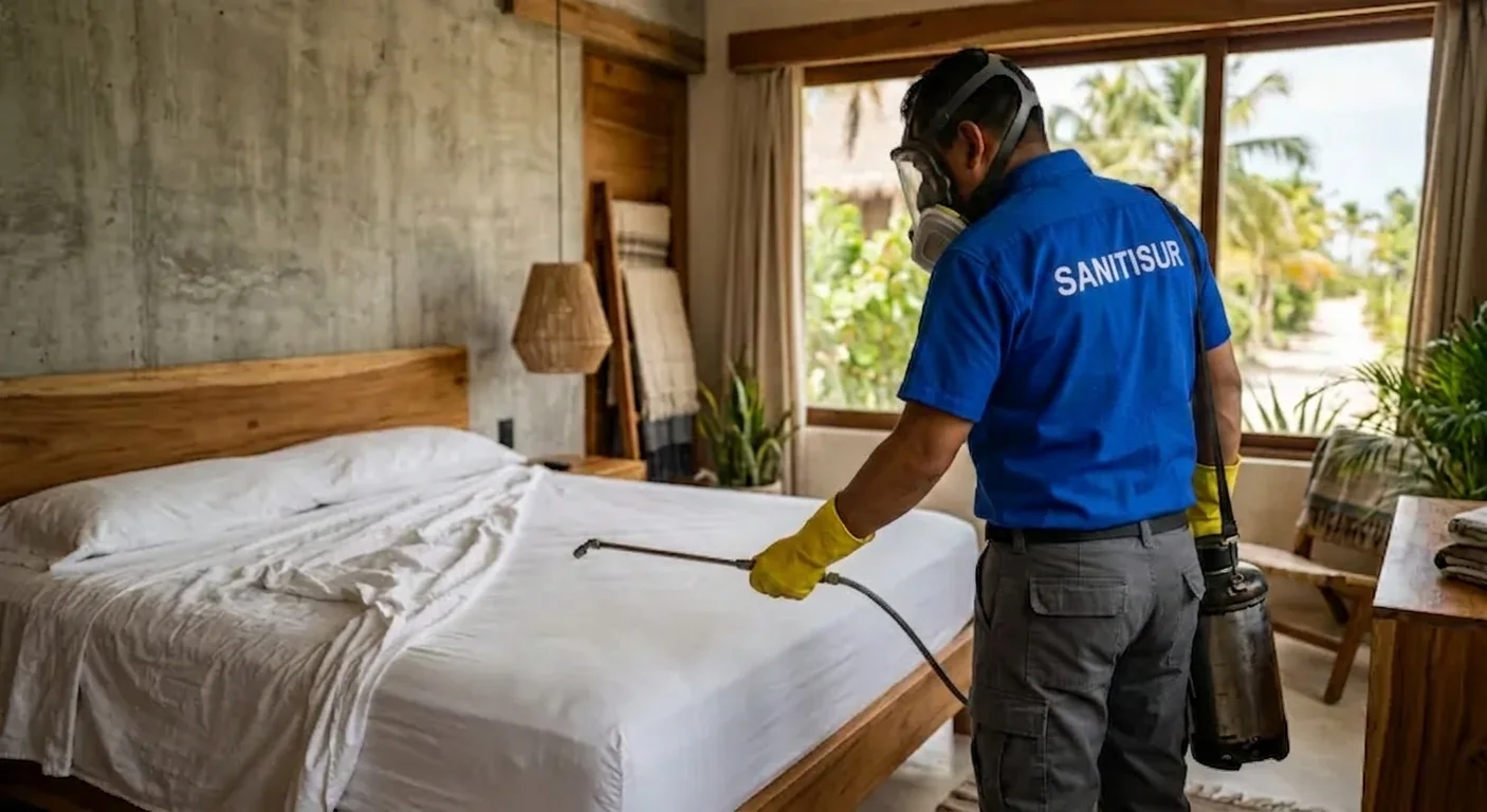 Cama matrimonial durante inspección y tratamiento contra chinches de cama
