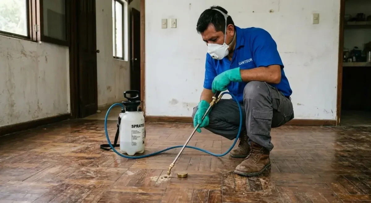 Técnico perforando piso para inyectar tratamiento anti-termitas en madera tropical