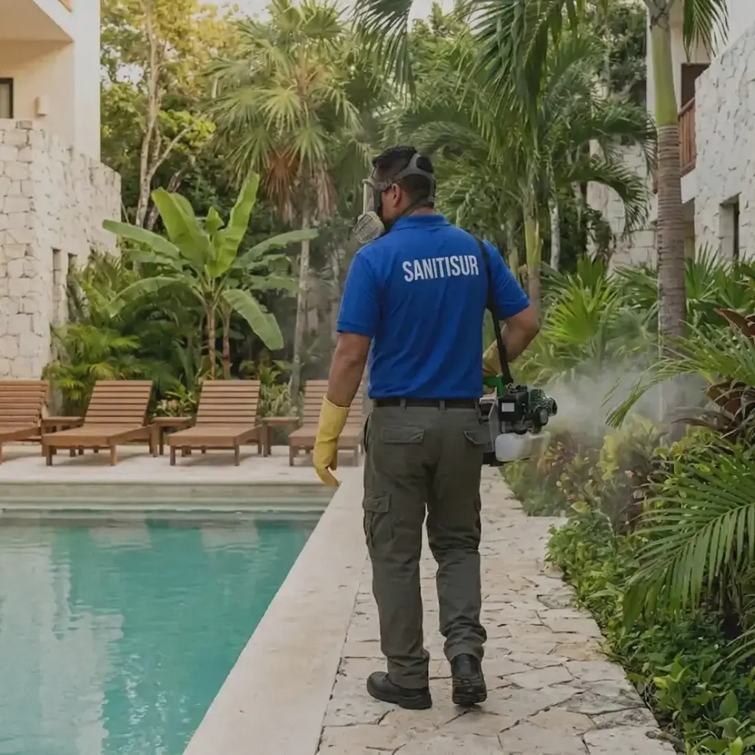 Técnico de Sanitisur fumigando área común de condominio en la Riviera Maya