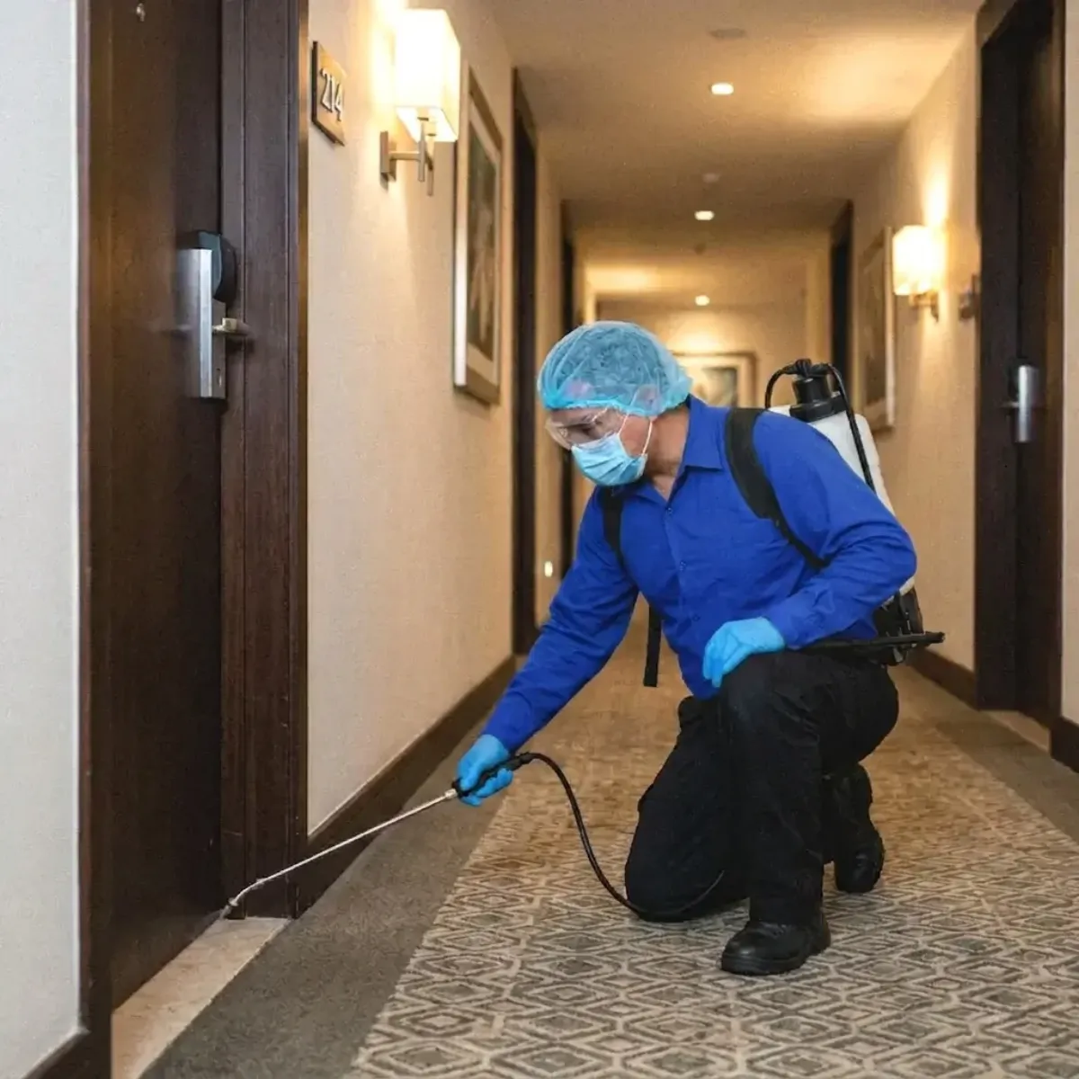 Técnico de Sanitisur fumigando pasillo de hotel en la Riviera Maya