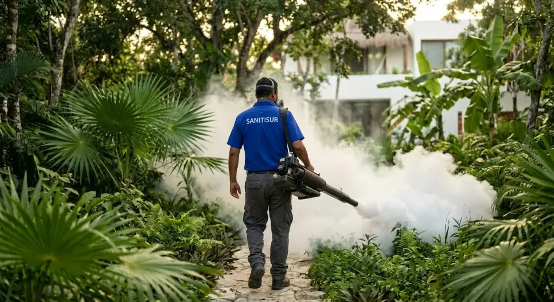 Nebulización contra mosquitos en jardín tropical al atardecer